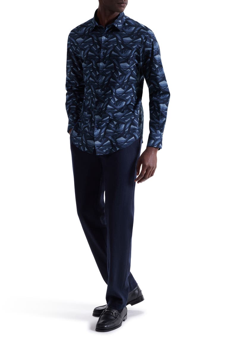 Julian Shaped Fit Abstract Wave Print Stretch Cotton Button-Up Shirt, Alternate, color, NAVY