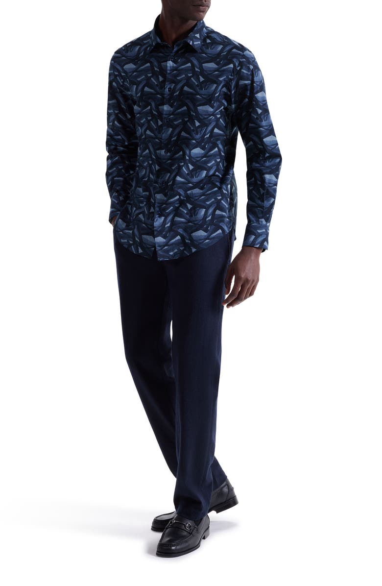 Bugatchi Julian Shaped Fit Abstract Wave Print Stretch Cotton Button-Up Shirt, Alternate, color, Navy