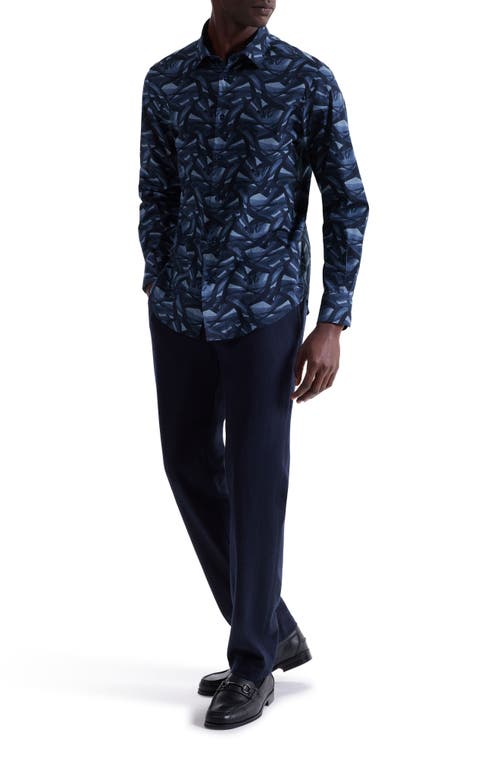 Bugatchi Julian Shaped Fit Abstract Wave Print Stretch Cotton Button-up Shirt In Blue