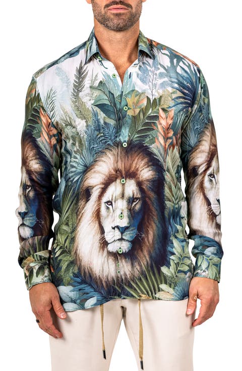 Fibonacci Marthyr 0324 Lion Print Contemporary Fit Button-Up Shirt