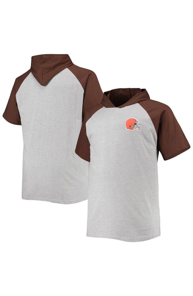 PROFILE Men's Heathered Gray/Brown Cleveland Browns Big & Tall Raglan Short Sleeve Pullover Hoodie, Main, color, 