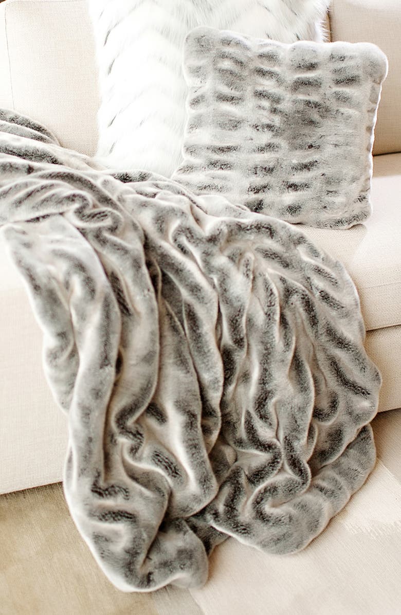 DONNA SALYERS FABULOUS FURS Gralcier Grey Faux Fur Couture Throw Blanket, Alternate, color, 