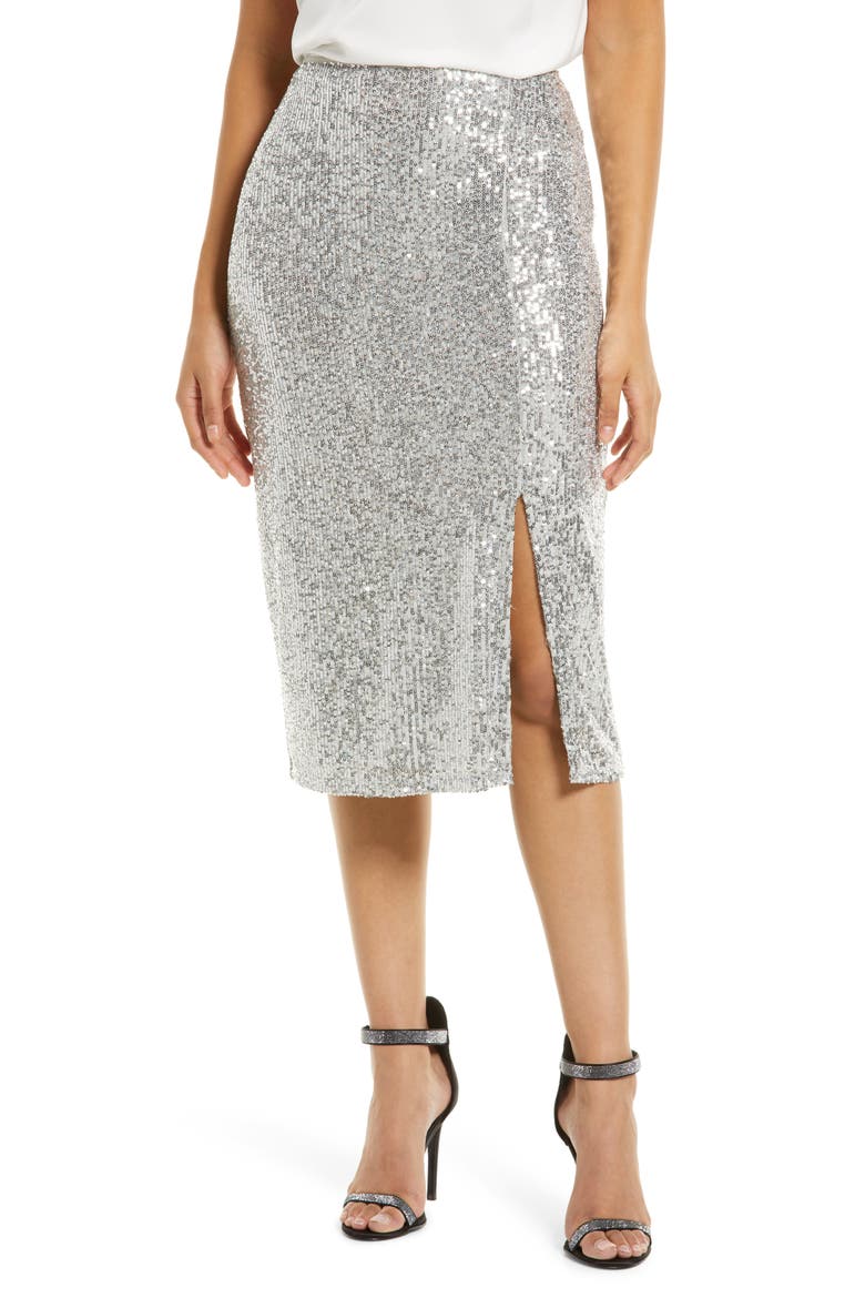 Sequin Side Slit Skirt, Main, color, SILVER
