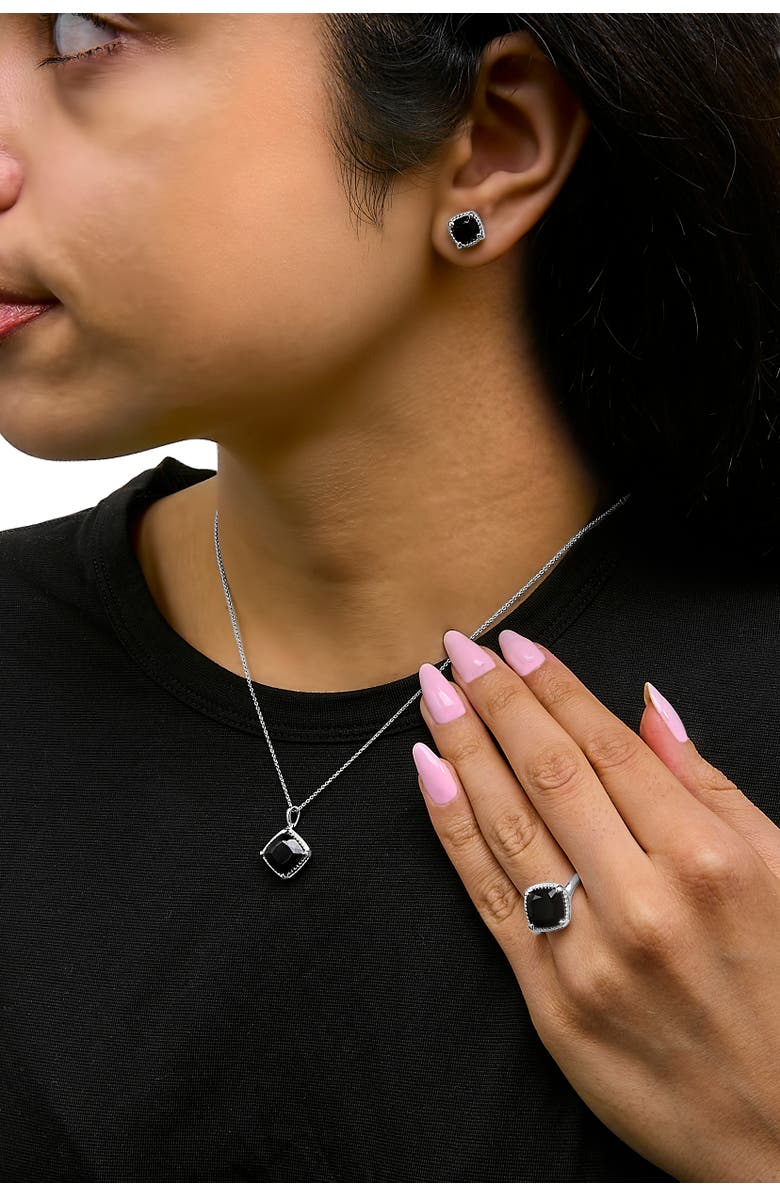 Haus of Brilliance Sterling Silver Cushion Onyx 3-Piece Jewelry Set Ring Earrings Pendant, Alternate, color, Silver