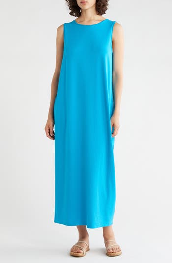 Eileen Fisher Round Neck Oval Stretch Sleeveless Midi Dress in Deep Blue at Nordstrom Rack, Size Large