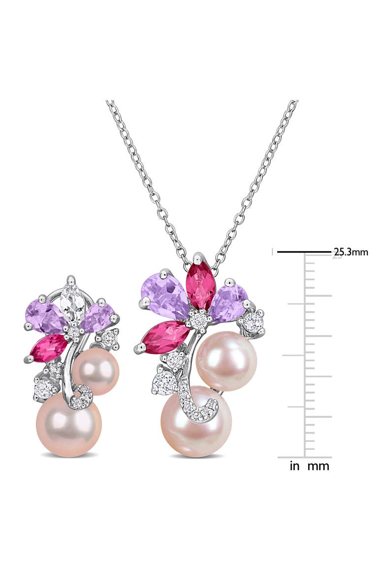 6-9mm Pink Cultured Freshwater Pearl & Stone Cluster Pendant Necklace & Stud Earrings Set, Alternate, color, PURPLE MULTI