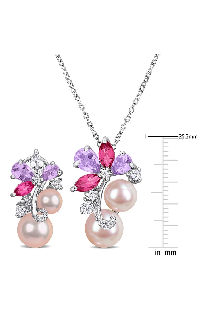 DELMAR 6-9mm Pink Cultured Freshwater Pearl & Stone Cluster Pendant Necklace & Stud Earrings Set, Alternate, color, Purple Multi