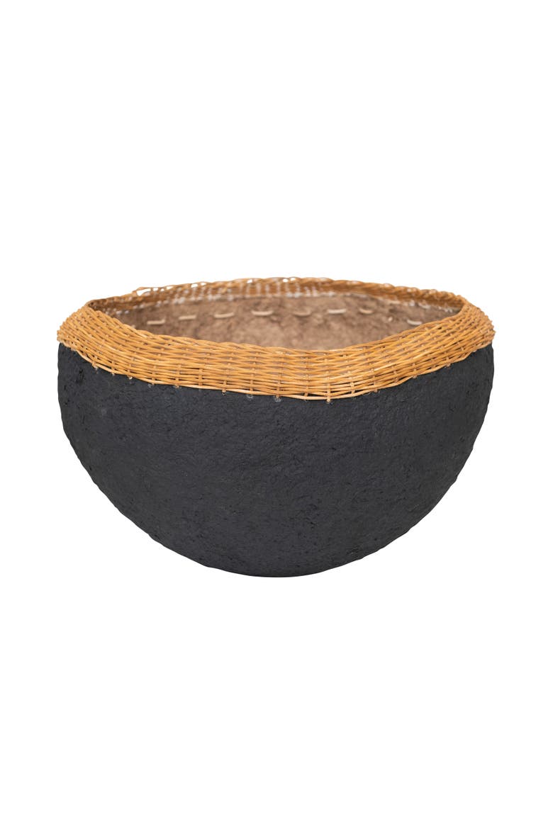 Decorative Handmade Paper Mache Bowl with Wicker Rim, Black and Natural, Main, color, Black