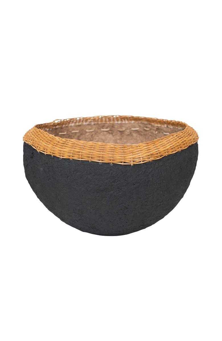 Storied Home Decorative Handmade Paper Mache Bowl with Wicker Rim, Black and Natural, Main, color, Black