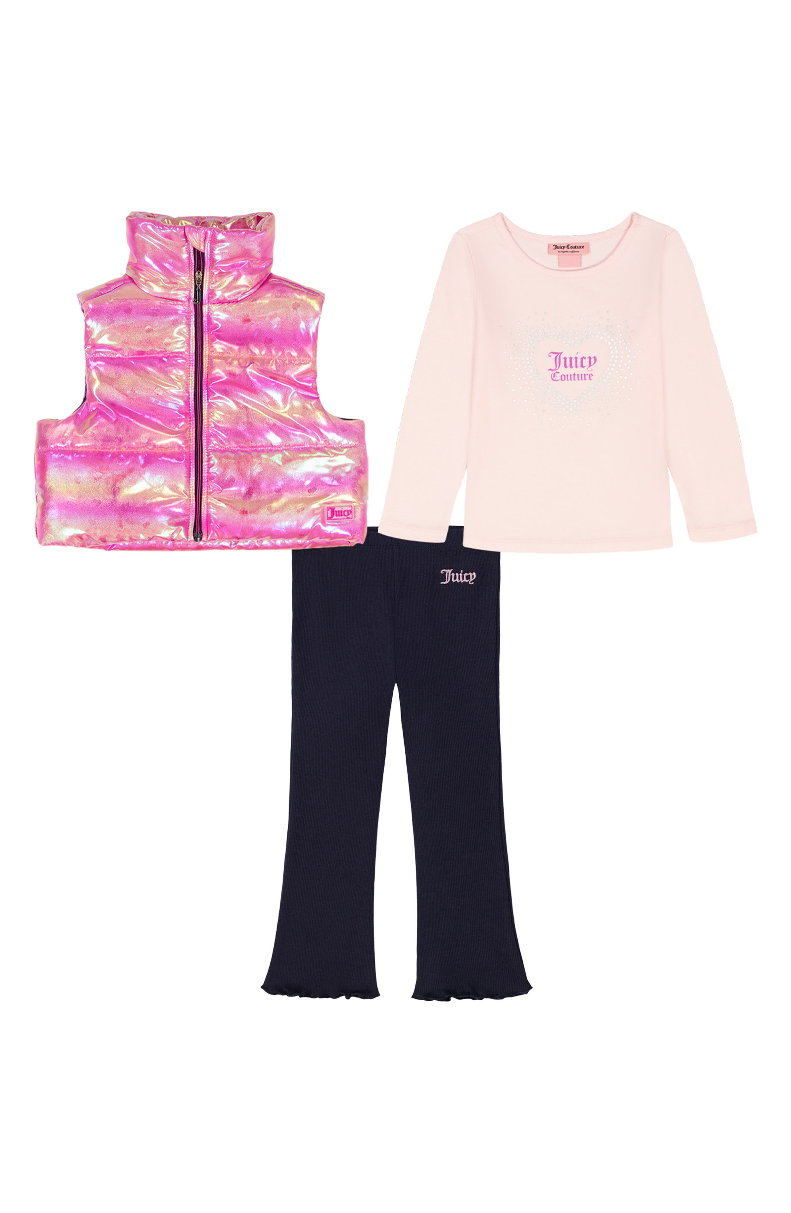 Juicy Couture Kids' Long Sleeve T-Shirt, Puffer Vest & Ribbed Pants Set