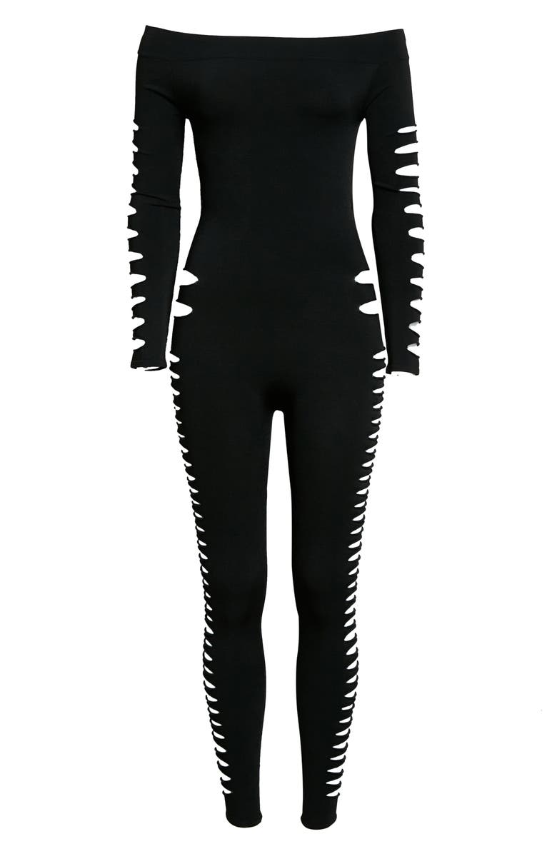 Saint Laurent Off the Shoulder Cutout Catsuit, Alternate, color, 