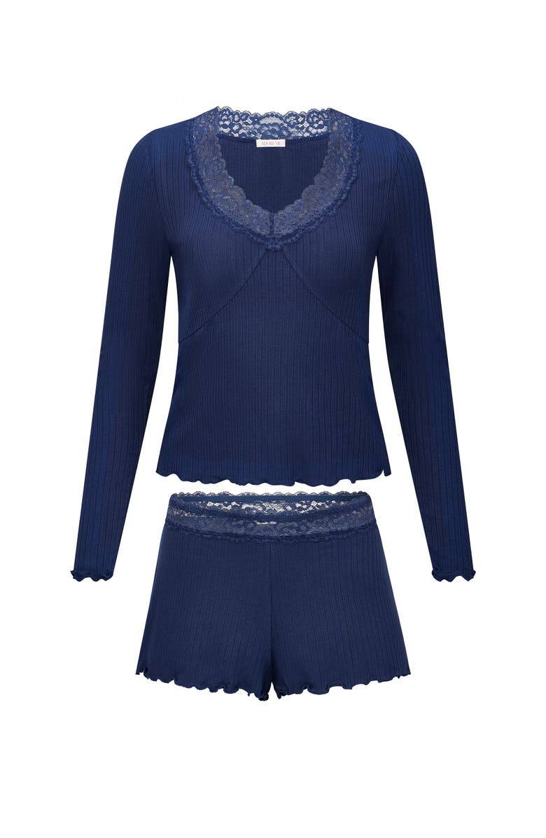 Adore Me Brooks Pajama Long Sleeve Top & Shorts Set, Alternate, color, Dark Blue
