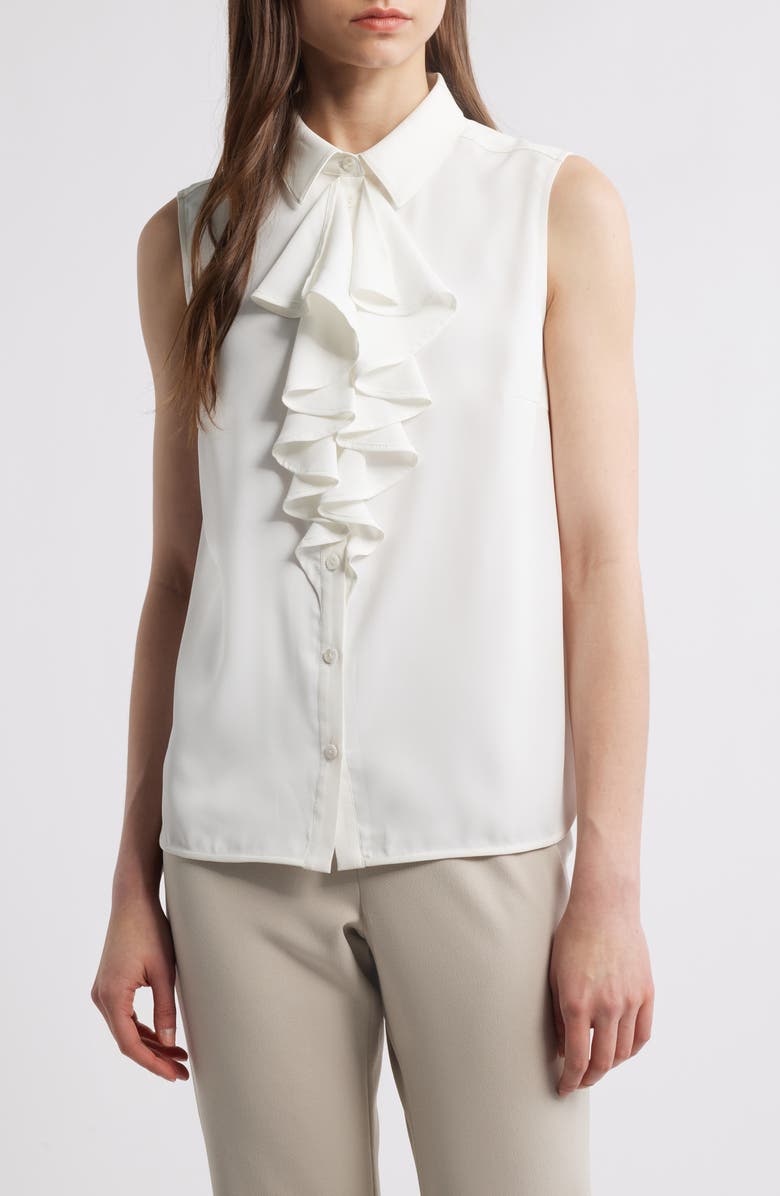 Ming Wang x Tanya Foster Ruffle Sleeveless Button-Up Shirt, Main, color, 