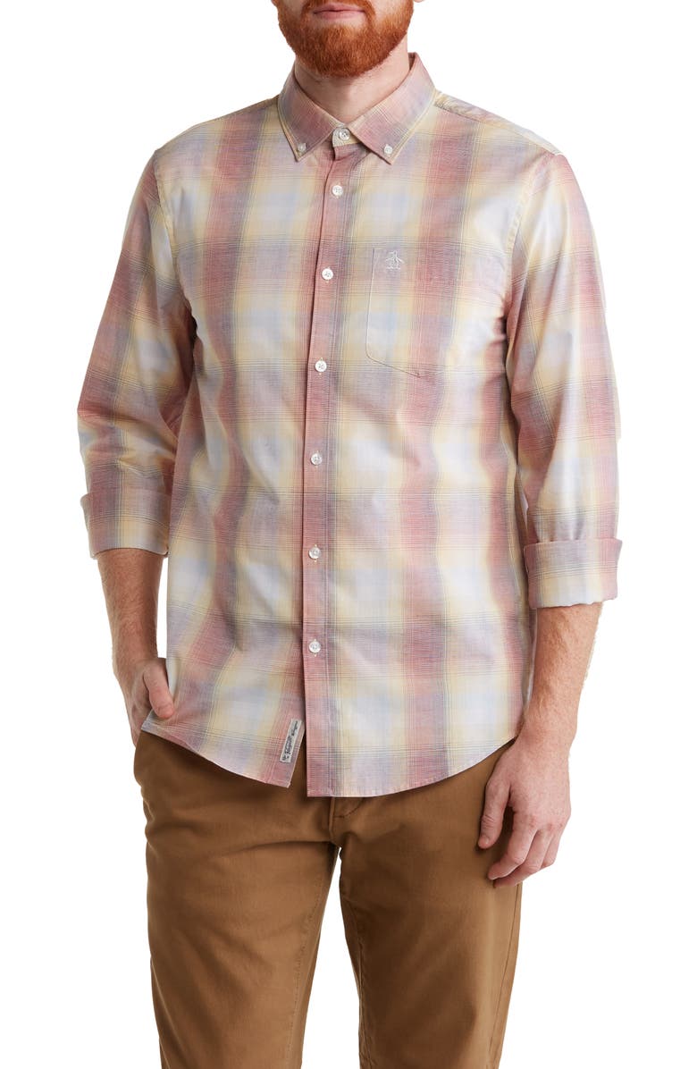 Original Penguin Plaid Long Sleeve Button-Down Shirt, Main, color, Bright White