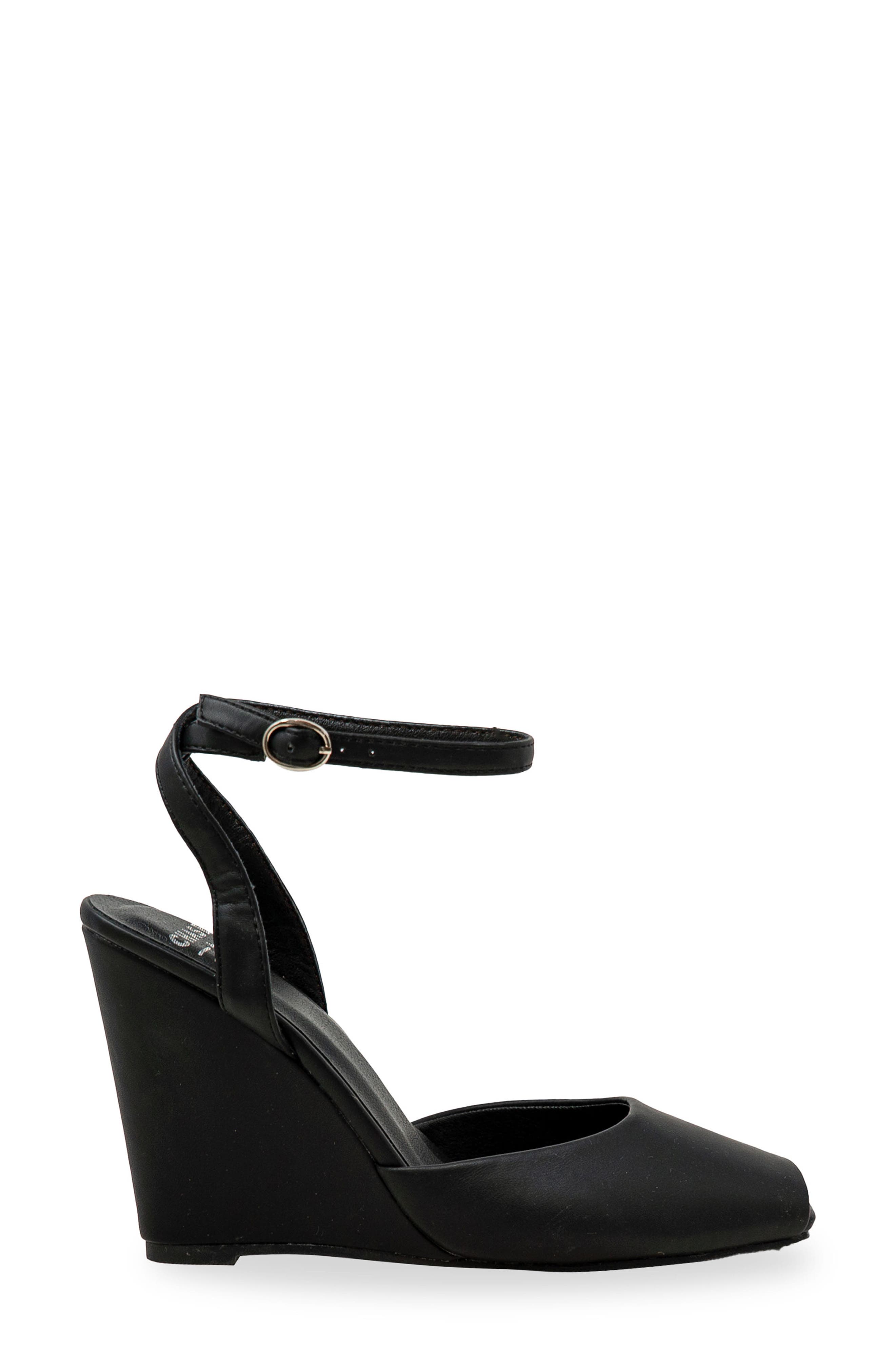 CHASE AND CHLOE Peep Toe Wedge Sandal, Alternate, color, Black Pu