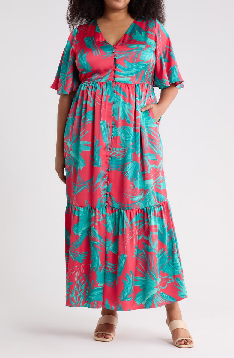 SUGARLIPS Palm Tropics Pismo Button Maxi Dress, Main, color, Pink-Green