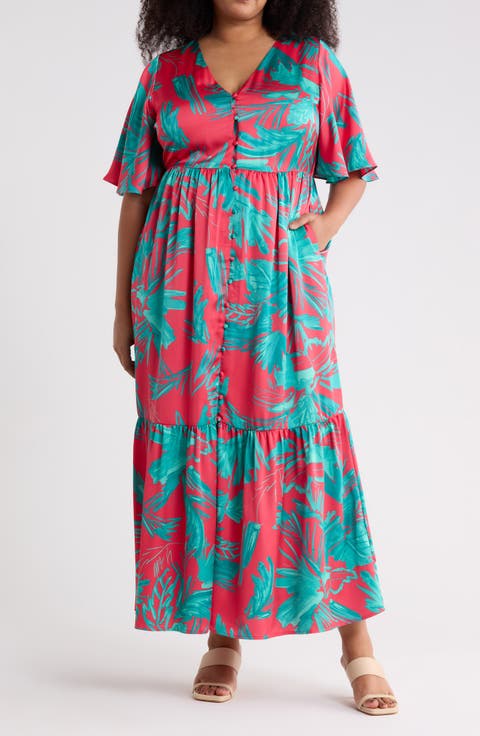 Palm Tropics Pismo Button Maxi Dress (Plus)