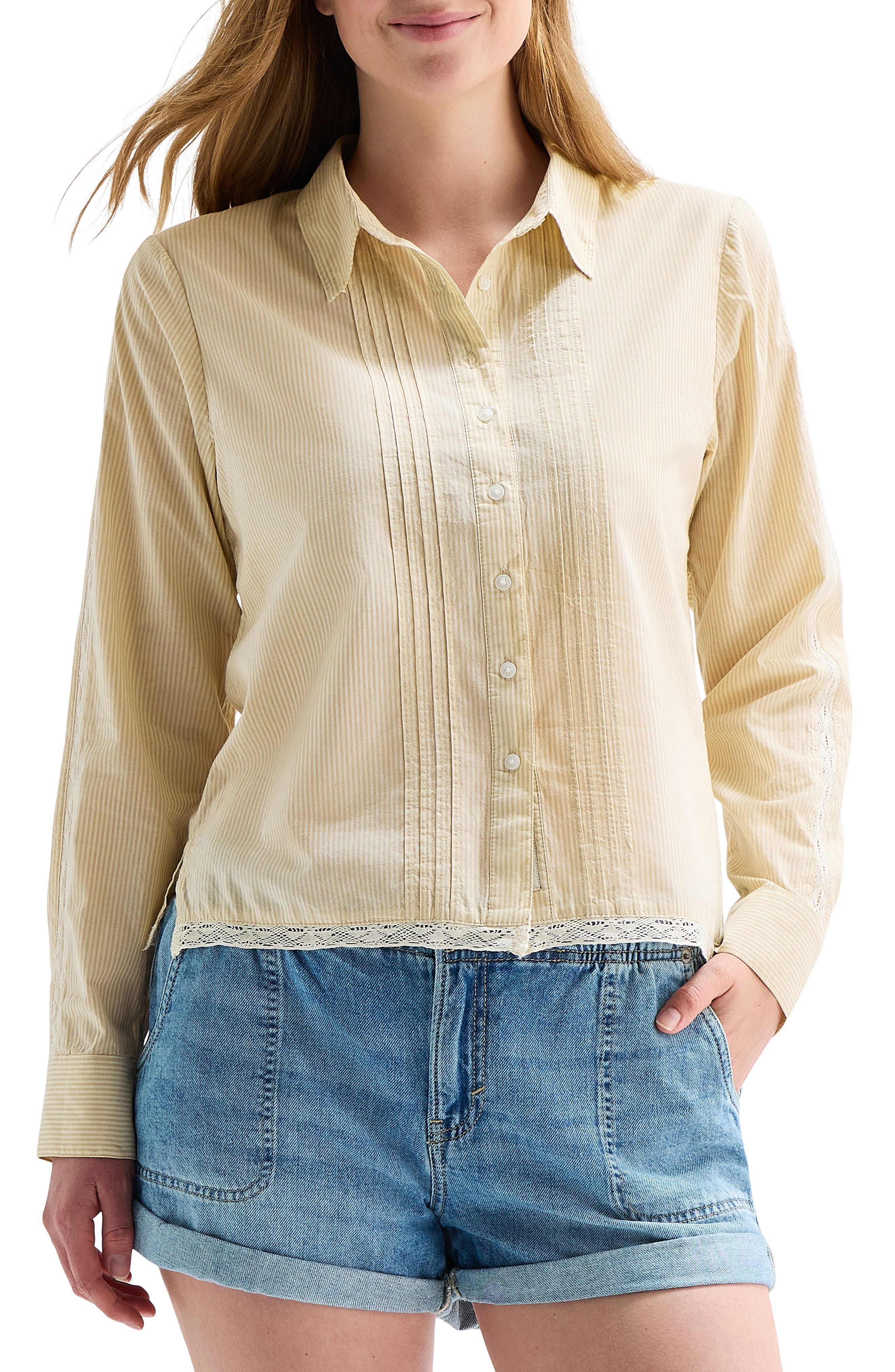 Lucky Brand Stripe Lace Trim Button-Up Shirt