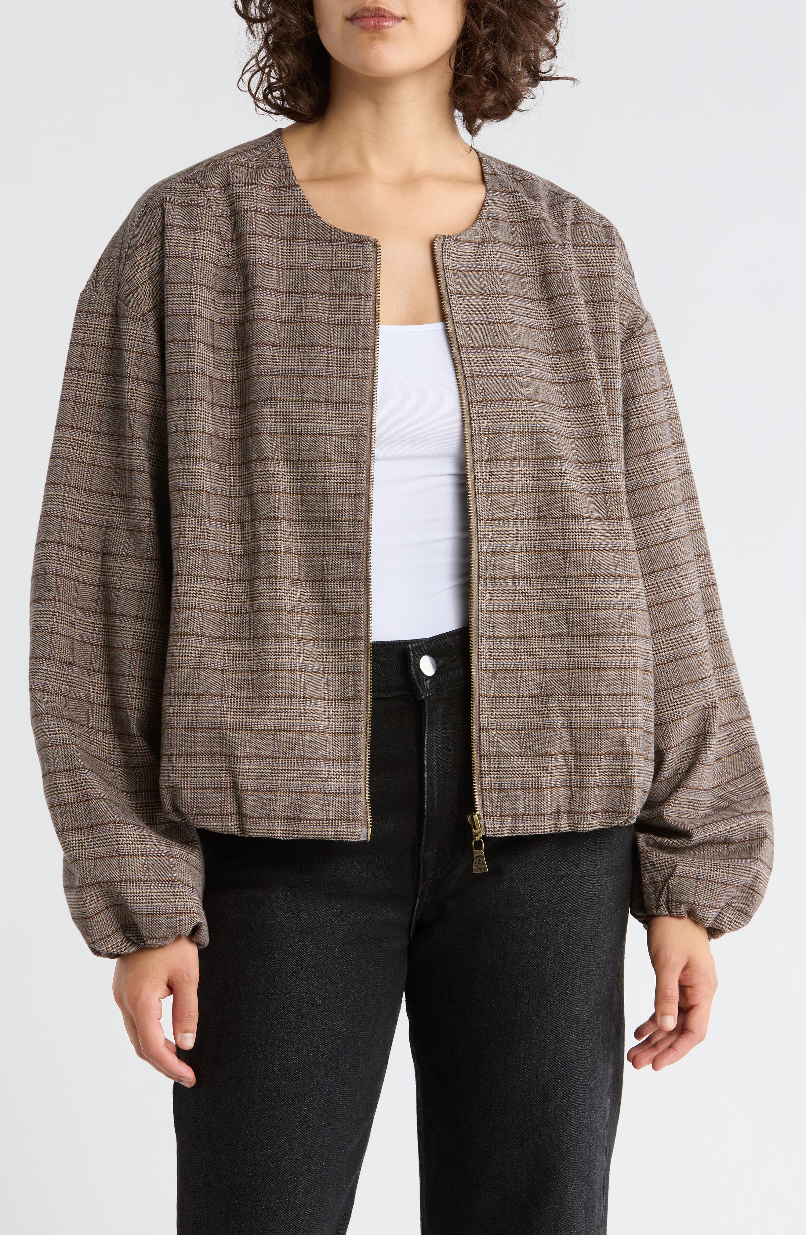 Democracy Plaid Zip Front Bomber Jacket