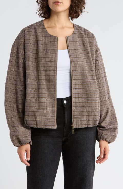Plaid Zip Front Bomber Jacket