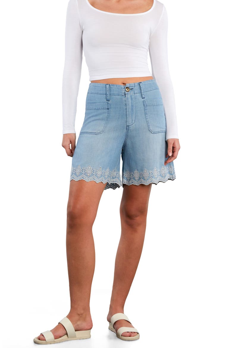 Embroidered Scallop Denim Shorts, Alternate, color, PURE DENIM