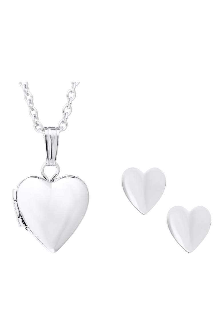 Sterling Silver Heart Locket Necklace & Earrings Set, Alternate, color, SILVER