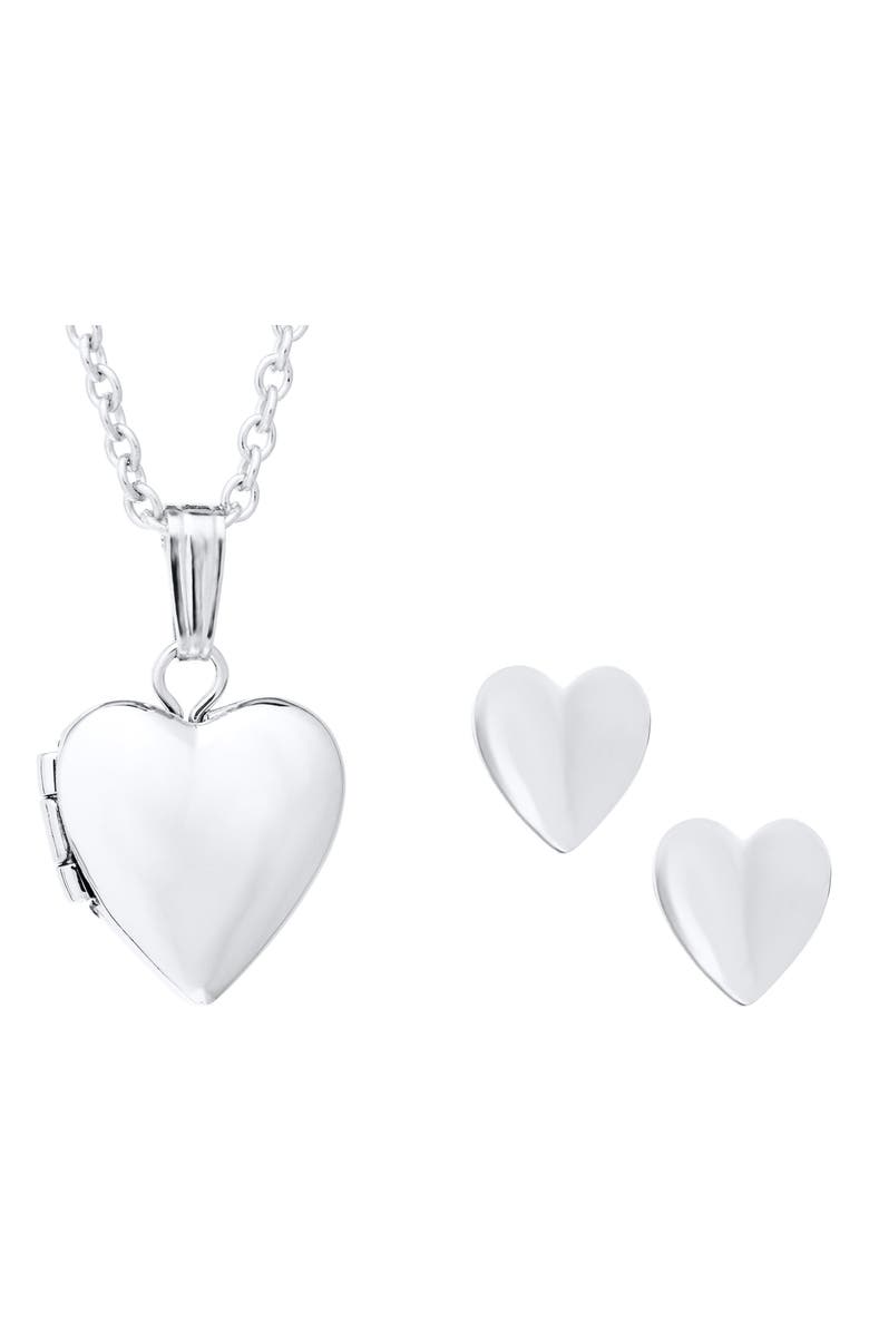 Mignonette Sterling Silver Heart Locket Necklace & Earrings Set, Alternate, color, Silver