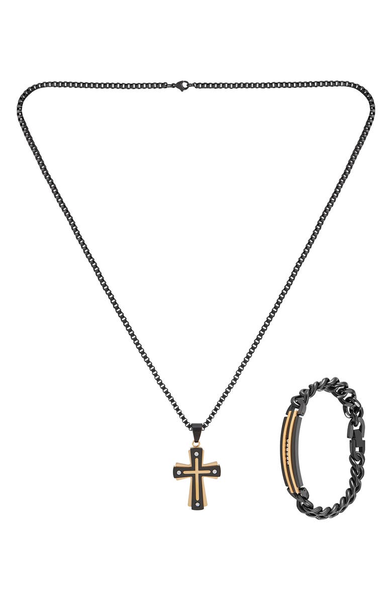 AMERICAN EXCHANGE Men's Goldtone Plated Stainless Steel Diamond Cross Necklace & Bracelet 2-Piece Set - 0.1 ctw., Alternate, color, 