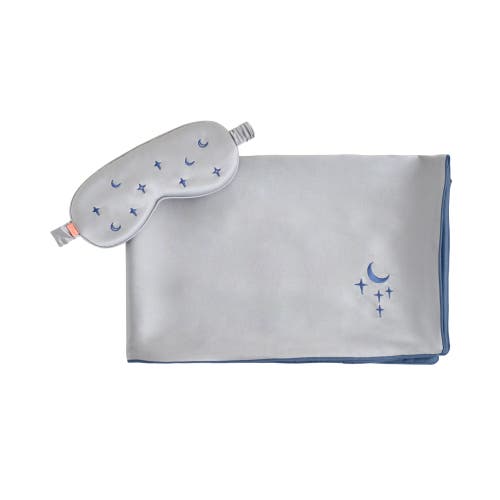 Lost Pattern Nyc "moonlit Stars" Silk 2 Piece Gift Set Silk Pillowcase & Silk Sleep Eye Mask In Blue