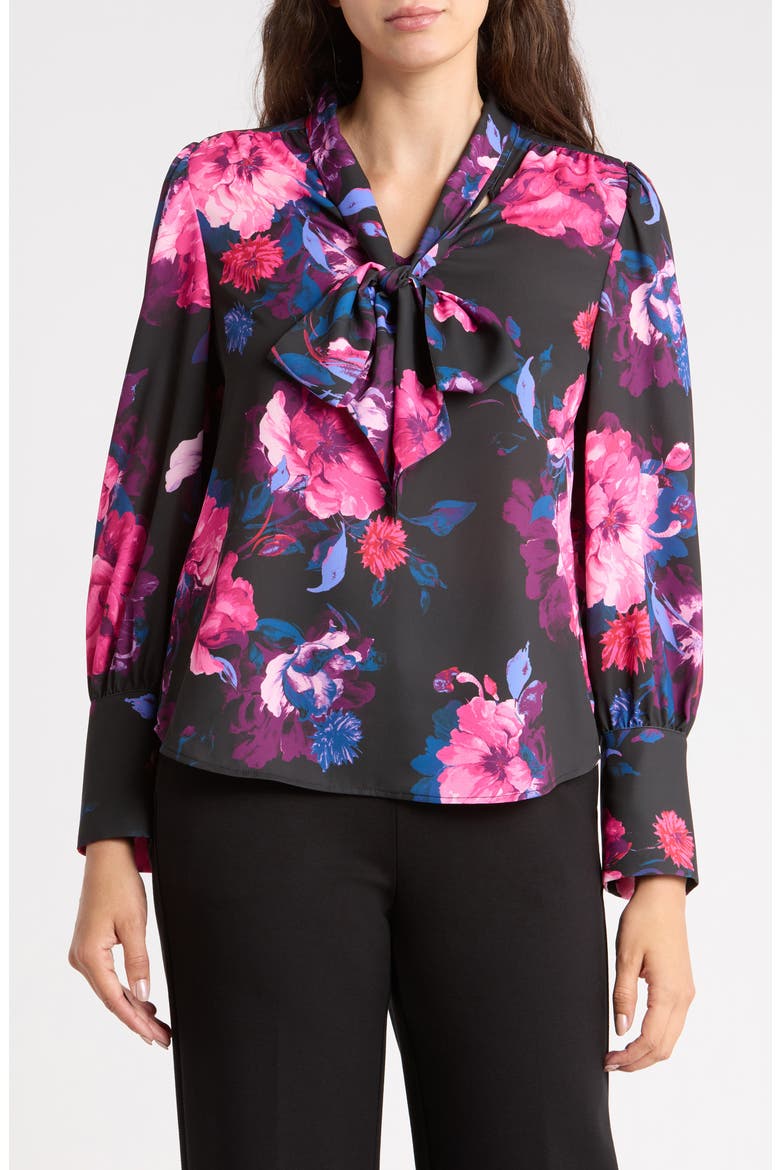 Glowing Floral Tie Neck Top, Main, color, BLACK
