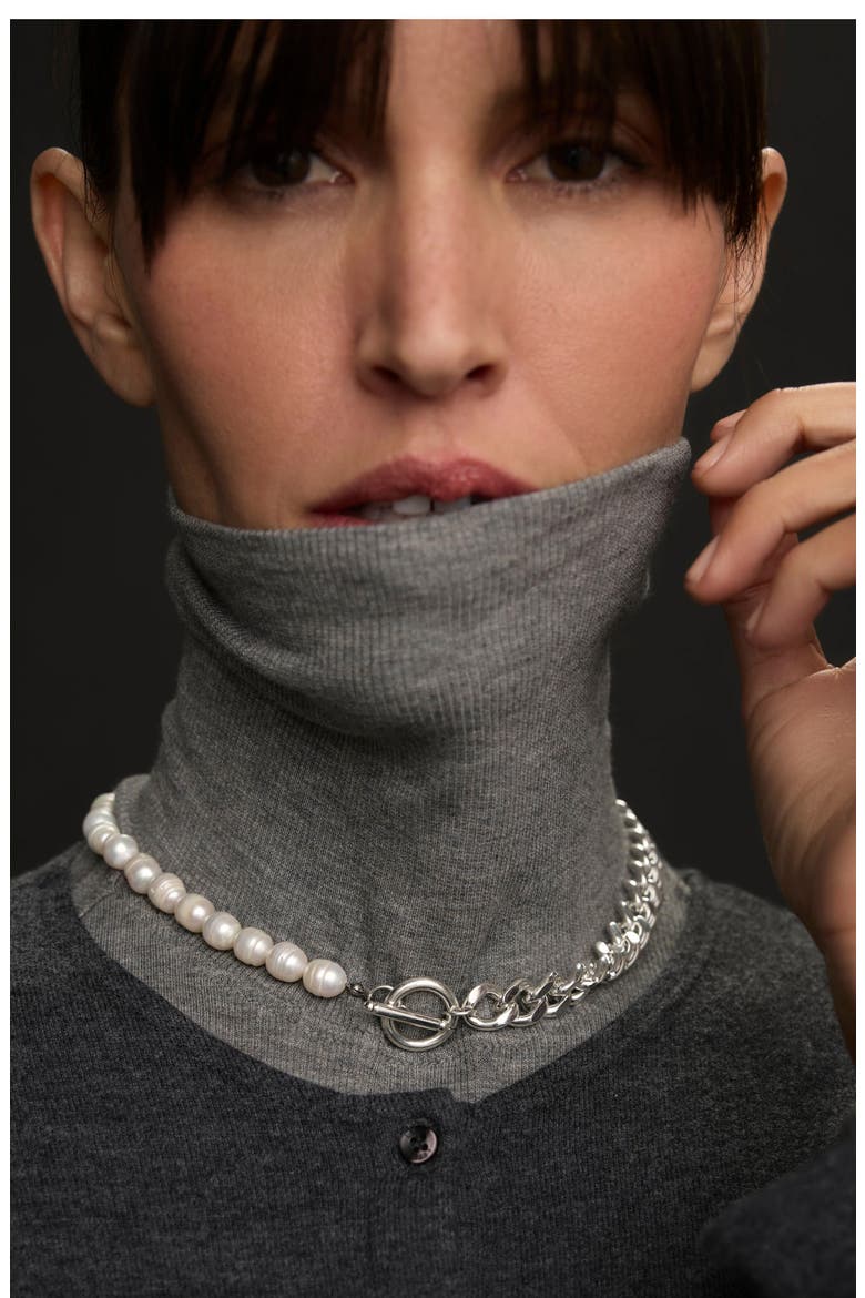 Freshwater Pearl & Curb Chain Necklace, Alternate, color, WHITE/SILVER