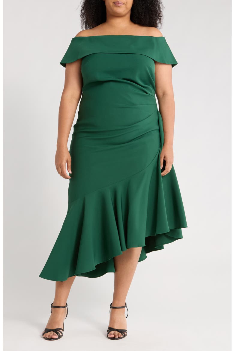 Off the Shoulder Asymmetric Ruffle Hem Cocktail Dress, Main, color, EMERALD