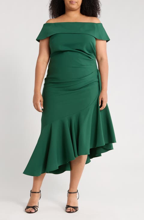 Off the Shoulder Asymmetric Ruffle Hem Cocktail Dress (Plus)