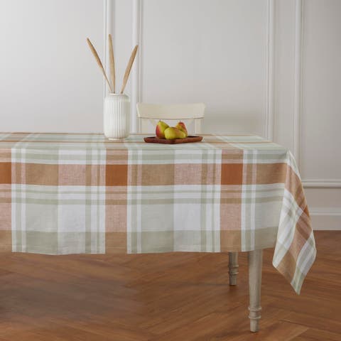 Linen Table Throw - Fall Harvest Plaid, 50 x 50 Inch