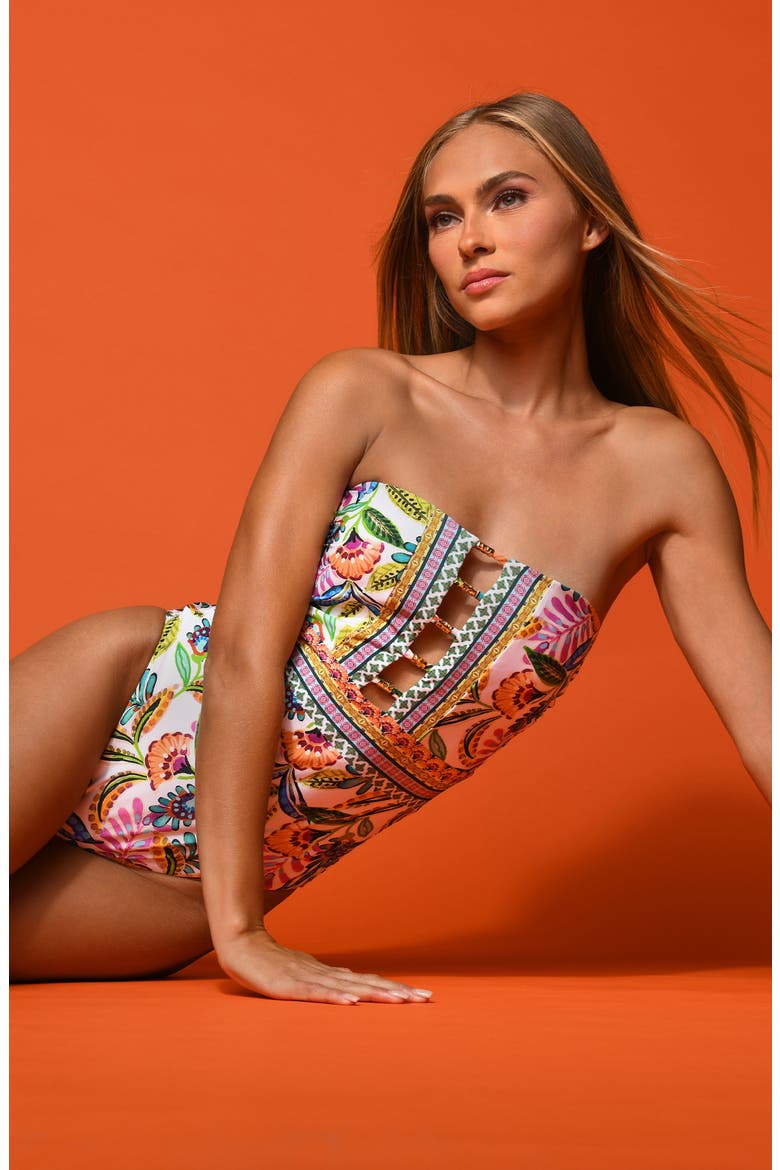 Jungle Bandeau One-Piece Swimsuit, Alternate, color, WHITE MULTI