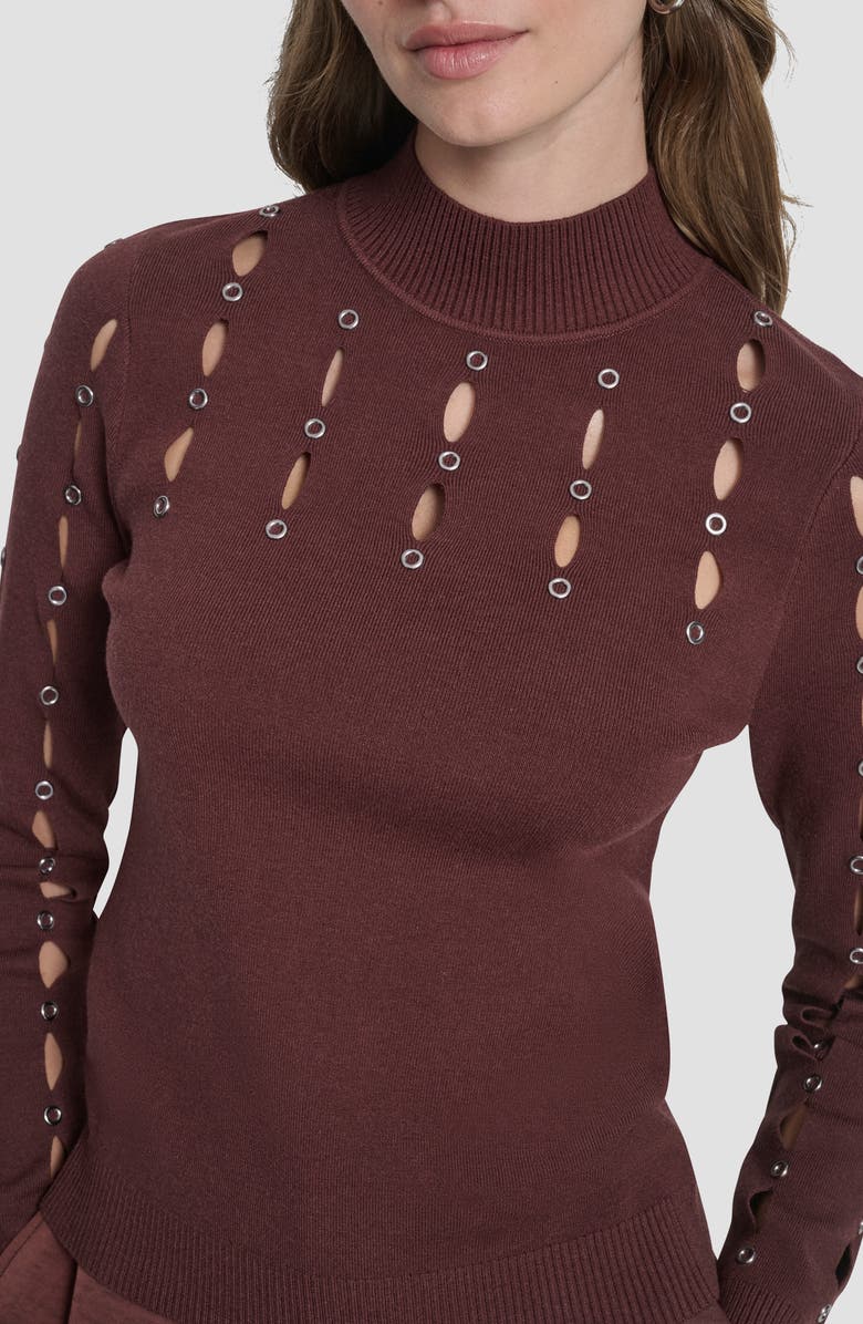 DKNY Grommet Cutout Detail Mock Neck Sweater, Alternate, color, Bitter Chocolate