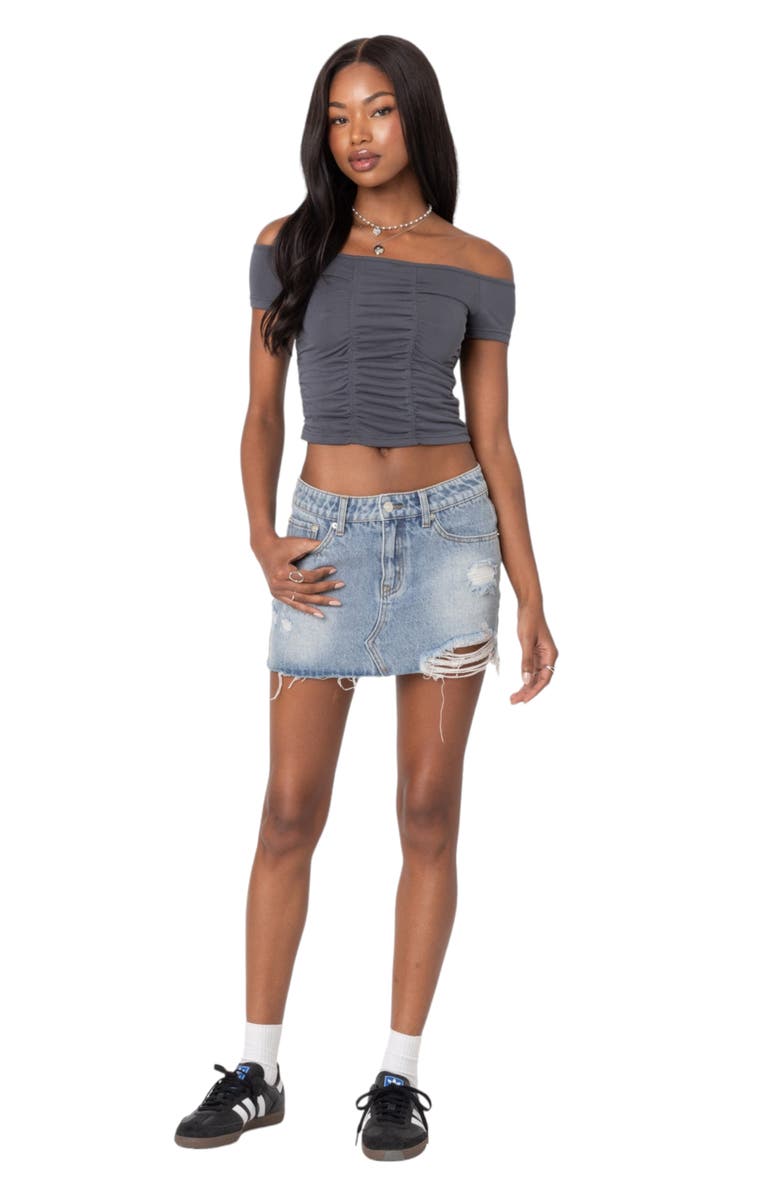 EDIKTED Off the Shoulder Ruched Crop Top, Alternate, color, Dark-Gray