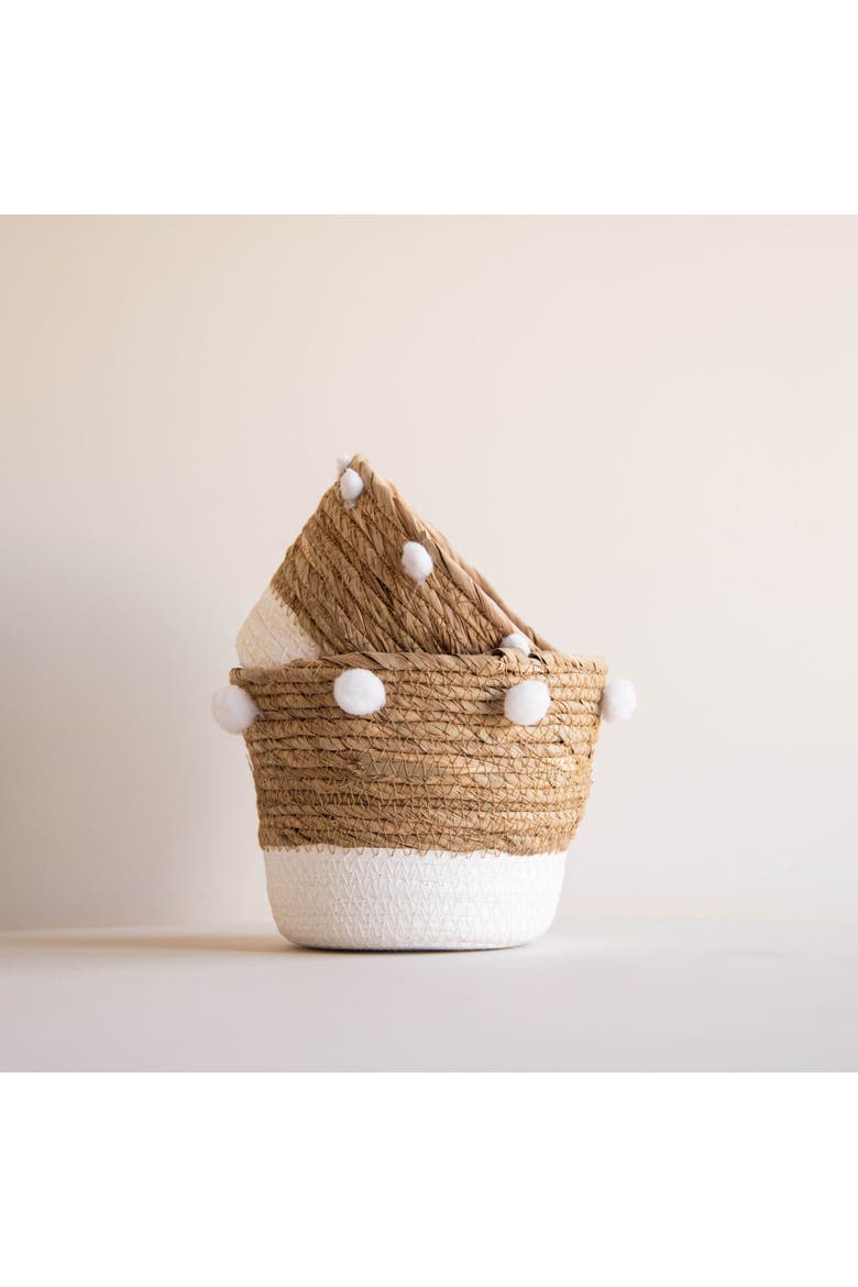 Set of 2 Natural Cattail Decorative Storage Baskets with Pom Poms, Alternate, color, White