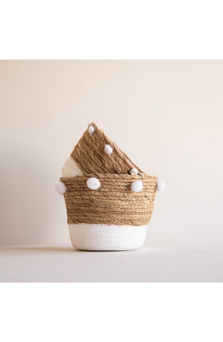 Foreside Home and Garden Set of 2 Natural Cattail Decorative Storage Baskets with Pom Poms, Alternate, color, White