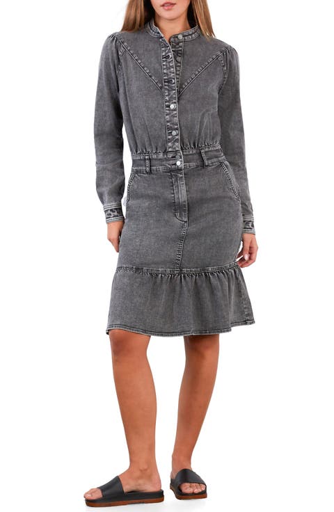 For A Stroll Ruffle Hem Long Sleeve Denim Dress