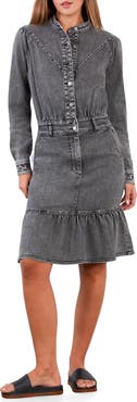 Wash Lab Denim For A Stroll Ruffle Hem Long Sleeve Denim Dress