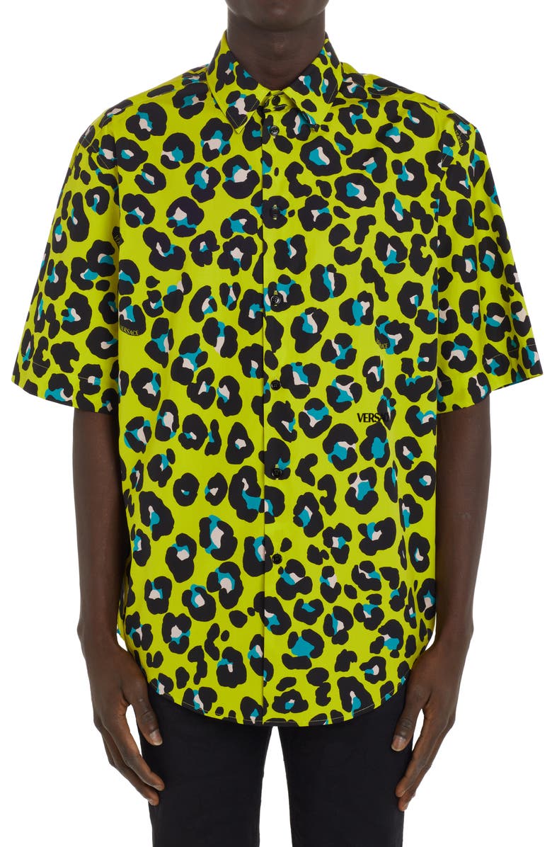Versace Leopard Print Short Sleeve Cotton Button-Up Shirt, Main, color,