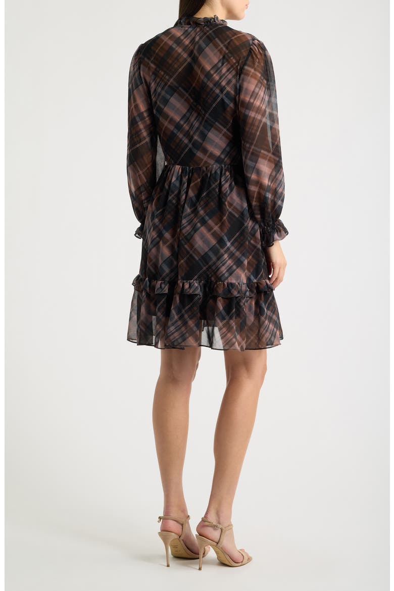 Long Sleeve Plaid Georgette Dress, Alternate, color, BROWN/ BLACK