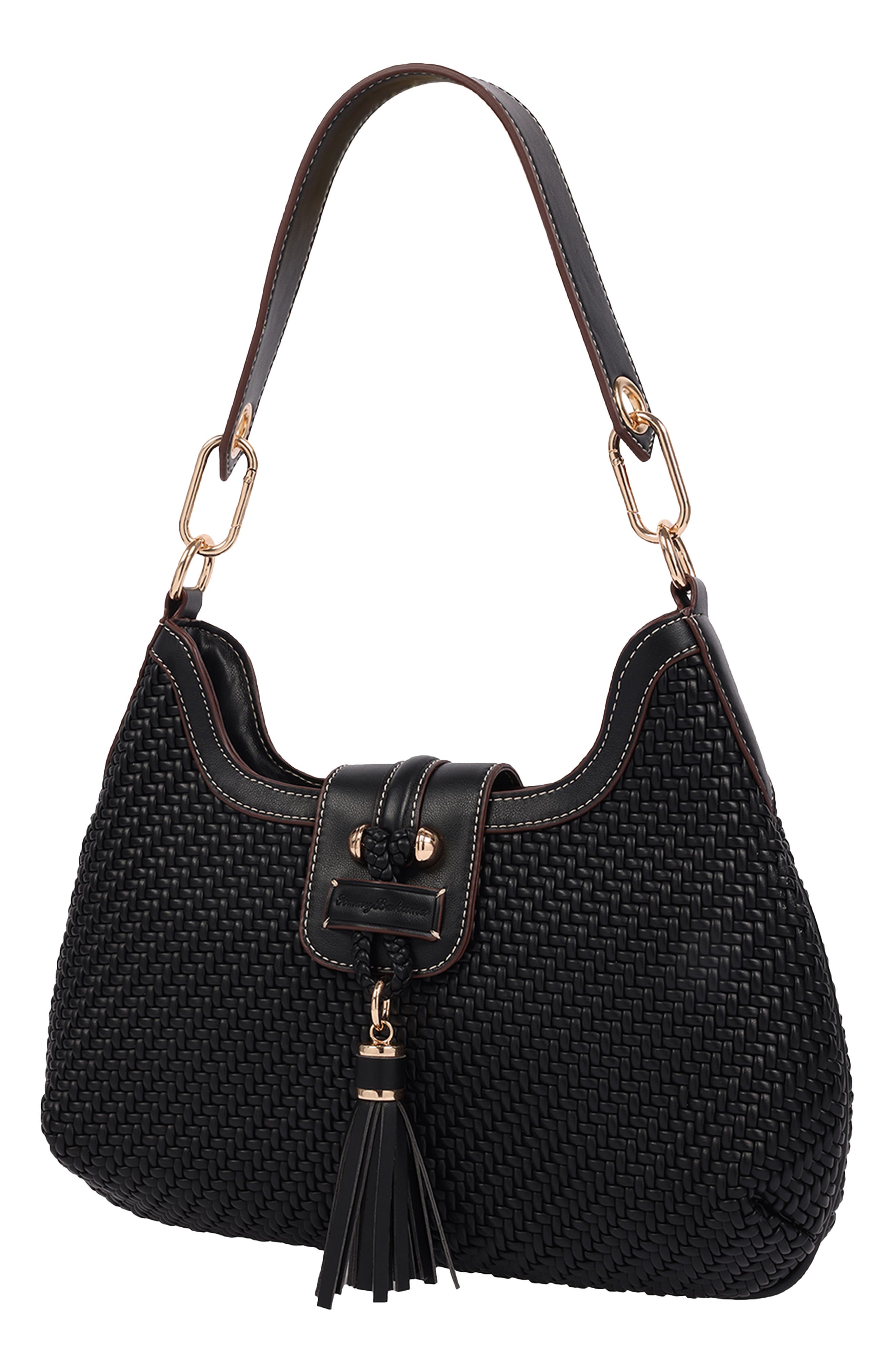 Tassel Tab Woven Faux Leather Hobo, Alternate, color, BLACK