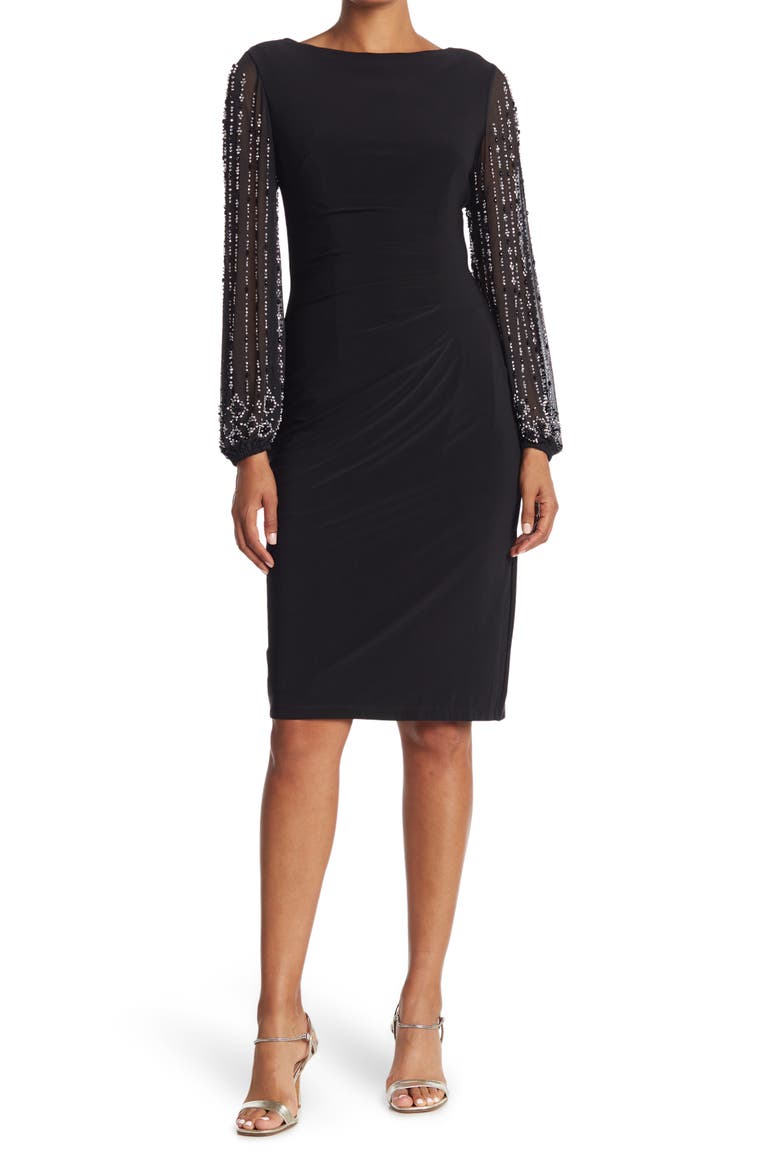 Beaded Long Sleeve Sheath Dress, Main, color, BLK