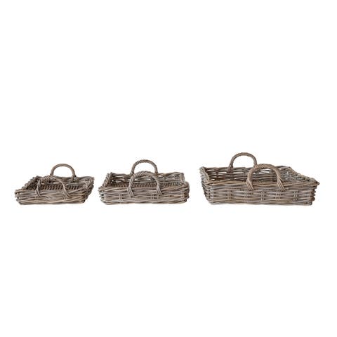 Decorative Woven Rattan Trays with Handles, Natural, Set of 3