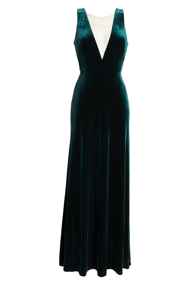 Logan Plunge Neck Velvet A-Line Gown, Alternate, color, EMERALD