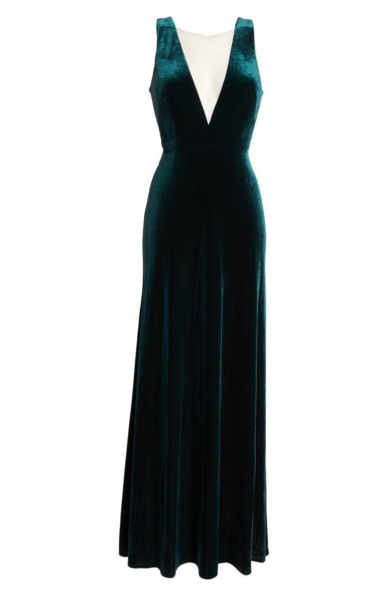 Jenny Yoo Logan Plunge Neck Velvet A-Line Gown, Alternate, color, 