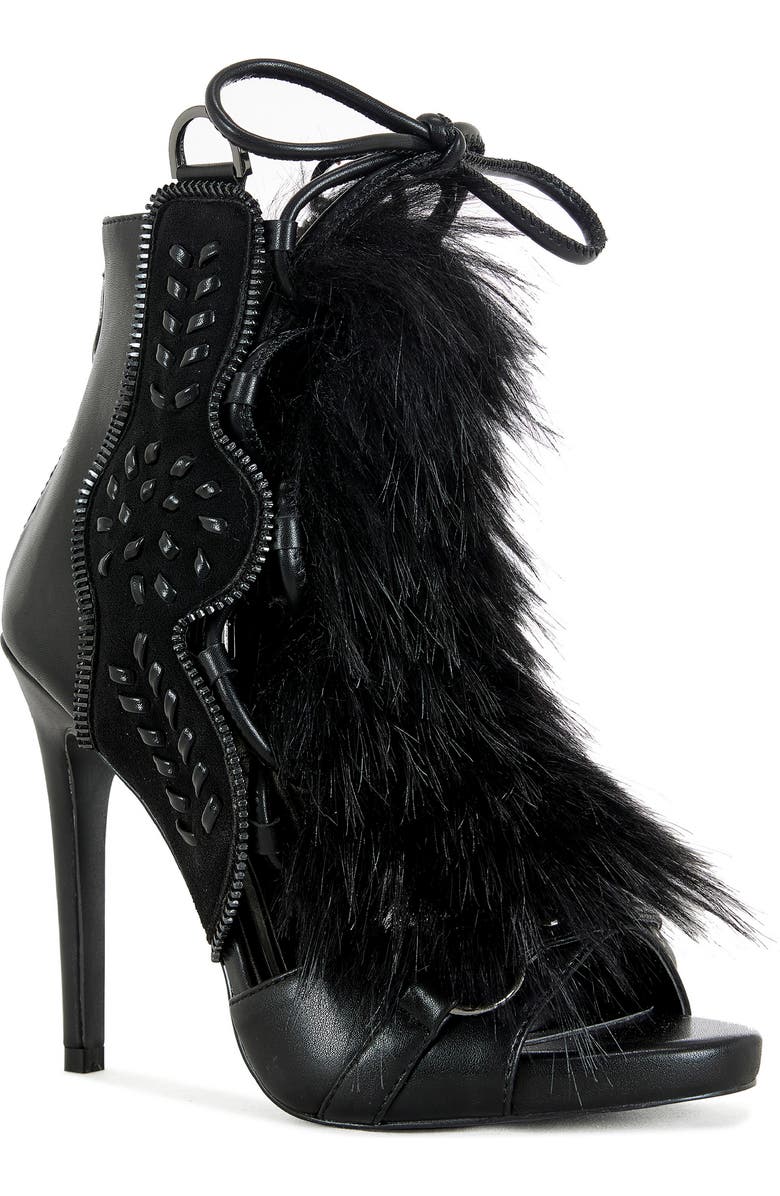 AZALEA WANG Shainy Faux Fur Open Toe Bootie, Main, color, Black