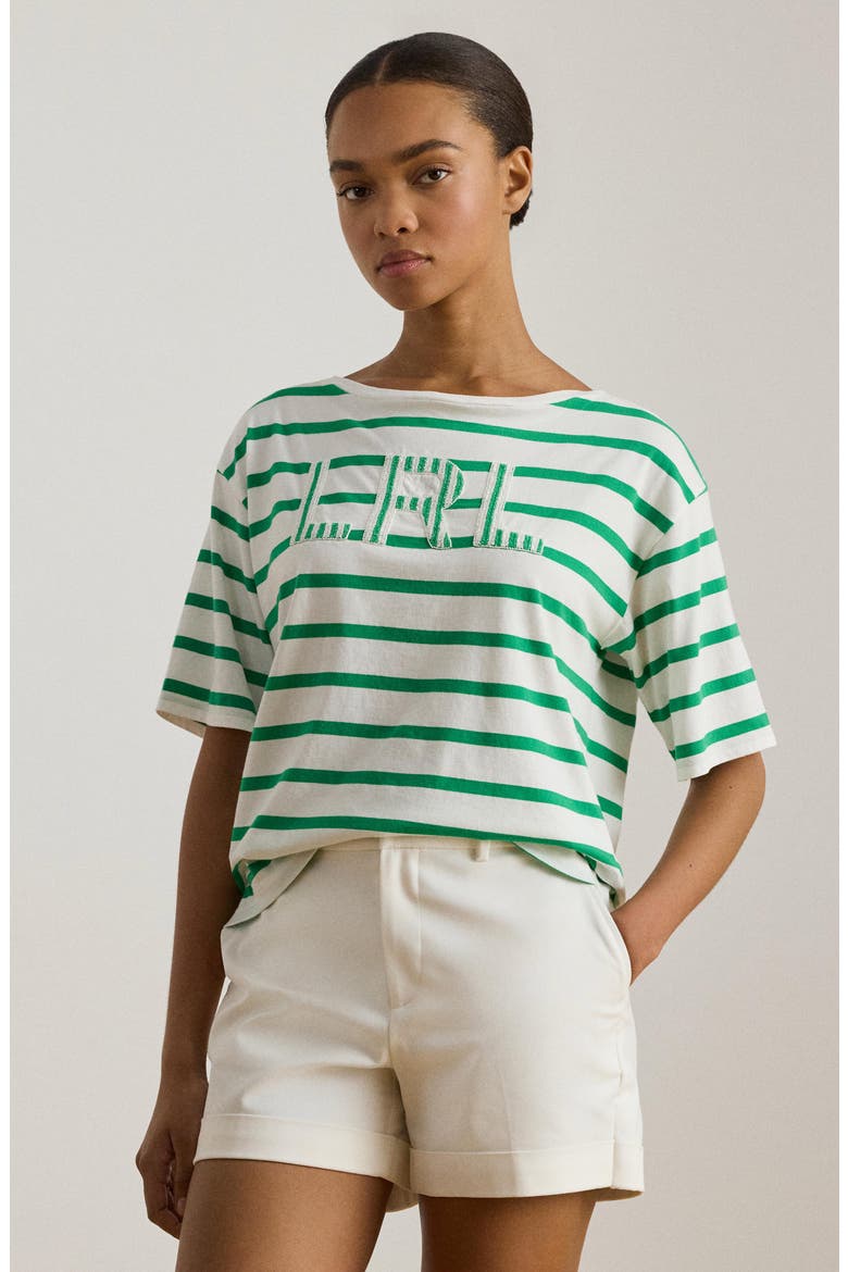 Beaded Logo Stripe Short Sleeve T-Shirt, Alternate, color, WHITE/ STEM